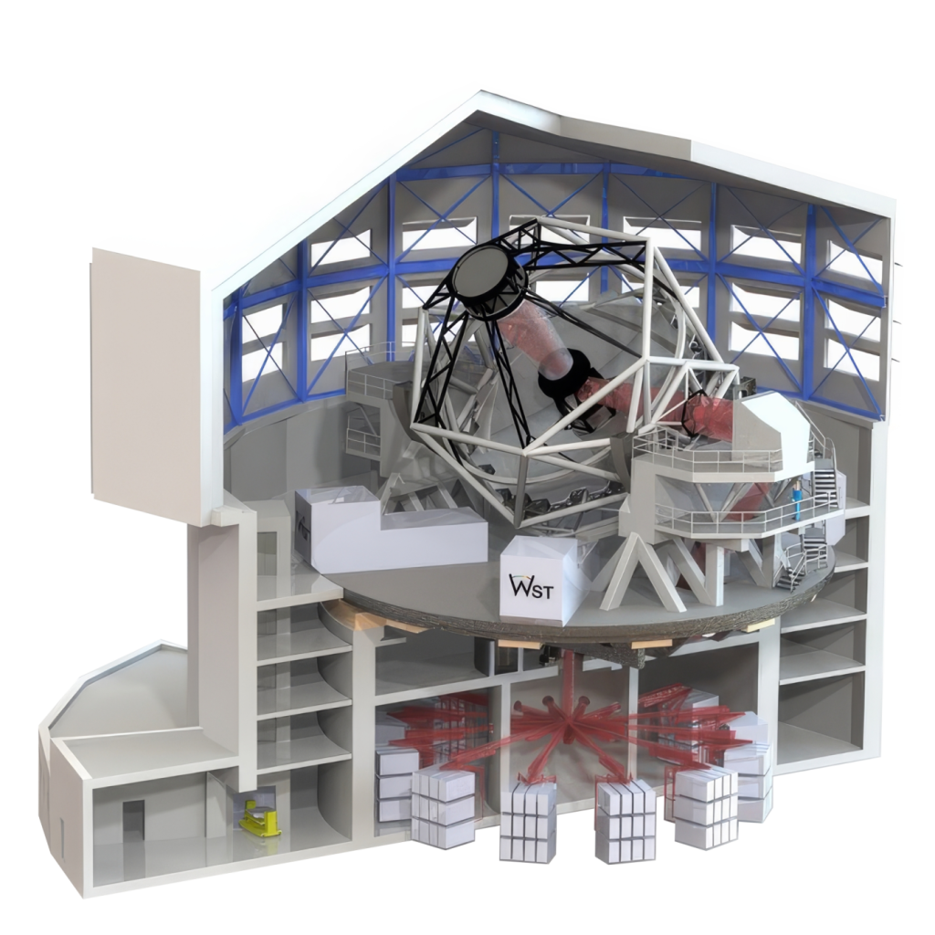 Cutaway view of a 3D model of the WST facility, showing the telescope, its instruments and the light ray beams.