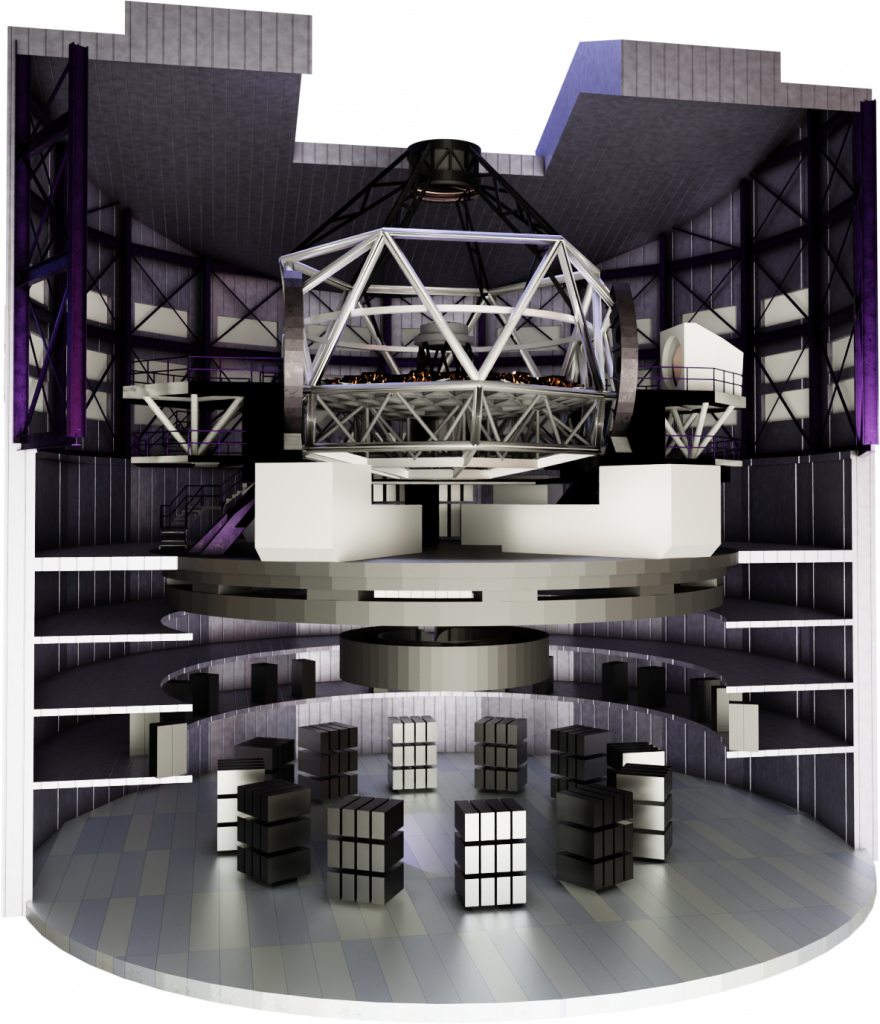 Cutaway view of a 3D model of the WST facility, showing the telescope and its instruments